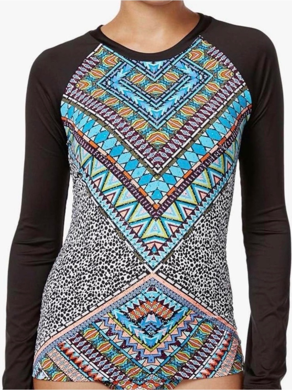 Bar III Black Long Sleeve Top with Turquoise & Multicolor Aztec Print